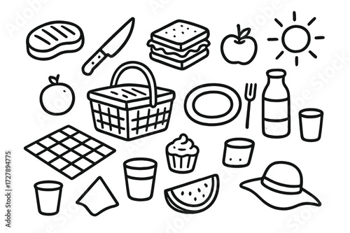Picnic Doodle Icons. Hand-drawn doodle illustration picnic meal steak knife, sandwich, basket, apple, juice bottle, blanket, plate, fork, thermos, cupcake,