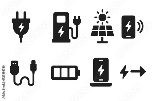 Power Charging Icons. Solid, filled icon set of power cell charging: charging plug, charging station, solar panel, wireless charger, charging cable, power