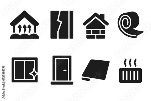 Home Insulation Icons. Solid, filled icon set of home insulation: attic insulation, wall panel, insulated roof, weather stripping, window seal, door draft