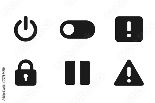 Shutdown Icon Set. Solid, filled icon set of shutdown process: power button, switch off, plug disconnect, system error, lock screen, pause symbol, stop sign,