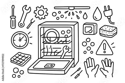 Dishwasher Repair Doodles. Hand-drawn doodle illustration Dishwasher repair dishwasher door, screwdriver, wrench, gear, plug, bubbles, spray arm, water