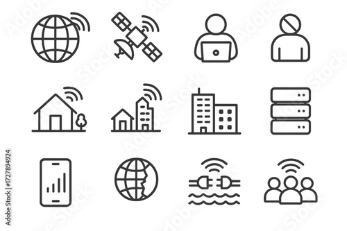 Global Connectivity Icons. Global connectivity. Line icon set of global connectivity: globe with Wi-Fi signal, satellite providing internet, person using