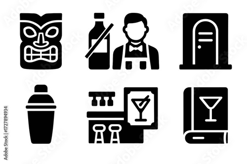 Cocktail Icon Set. Solid, filled icon set of cocktail history and culture: tiki mask, prohibition bottle, bartender, speakeasy, vintage cocktail shaker,