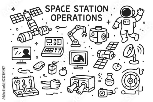 Space Station Doodle. Hand-drawn doodle illustration [Space station operations] [space station, control panel, robotic arm, modules, astronaut, monitor,