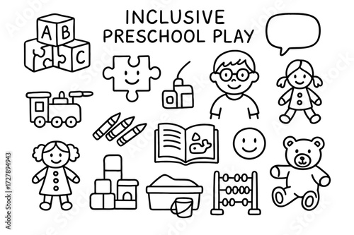 Inclusive Preschool Playtime. Hand-drawn doodle illustration [inclusive preschool play] [alphabet blocks, inclusive puzzle, child with glasses, speech bubble,