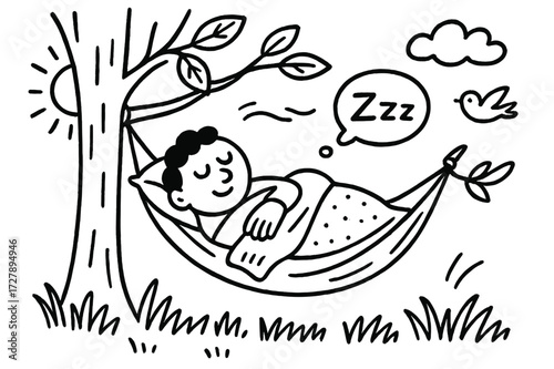 Nap in Nature. Hand-drawn doodle illustration Nap time in nature [closed eyes, sleeping figure, hammock, branch, leaf, grass, breeze lines, cloud, Zzz bubble,