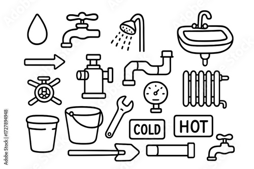 Water System Icons. Hand-drawn doodle illustration Water system pipe labels water droplet, faucet, showerhead, sink, radiator, hot water tag, cold water tag,