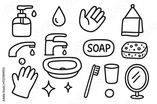 Bathroom Essentials Doodle. Hand-drawn doodle illustration Liquid soap pump dispenser bottle, nozzle, droplet, bubble, hand, towel, faucet, sink, soap bar,