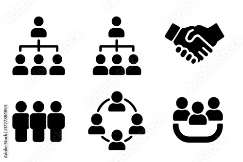Team Organization Icons. Solid, filled icon set of team organization: hierarchy, org chart, group, partnership, alliance, network, cooperation, union. [Line
