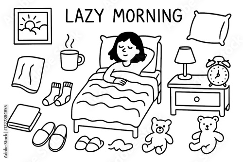 Lazy Morning Doodle. Hand-drawn doodle illustration Lazy morning routine, blanket, pillow, bed, person, alarm clock, lamp, nightstand, slippers, socks, book,