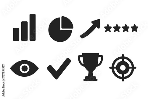 Influence Metrics Icons. Solid, filled icon set of influence metrics: bar chart, pie chart, upward arrow, star rating, eye icon, checkmark, trophy, target.