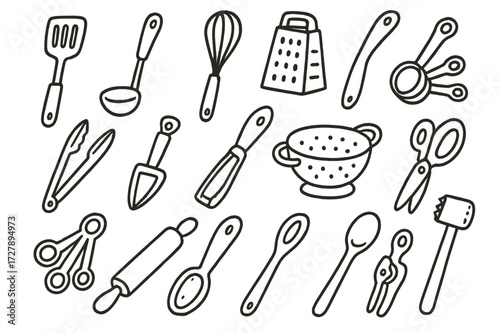 Doodle Kitchen Utensils. Hand-drawn doodle illustration [cooking utensils] [spatula, ladle, whisk, slotted spoon, tongs, peeler, grater, measuring cups,