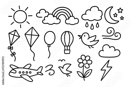 Springtime Sky Doodles. Hand-drawn doodle illustration Springtime sky sun, cloud, rainbow, raindrops, lightning, moon, stars, wind swirl, bird, kite, balloon,