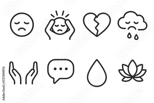 Mental Health Icons. Solid, filled icon set of mental health and unemployment: stressed face, headache, broken heart, sad cloud, support hands, chat bubble,
