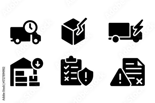 Supply Chain Icons. Solid, filled icon set of supply chain risk: delayed delivery, damaged goods, supplier failure, transport disruption, inventory shortage,