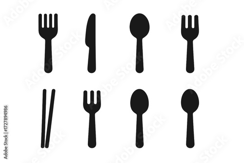 Utensil Icon Set. Solid, filled icon set of dinner utensils: fork, knife, spoon, chopsticks, salad fork, soup spoon, dessert fork, serving spoon. [Line icons