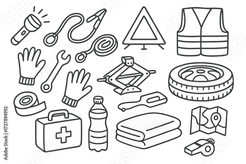 Emergency Kit Essentials. Hand-drawn doodle illustration Aurora borealis mountain peaks, pine trees, night sky, stars, moon, northern lights waves, snowflakes,