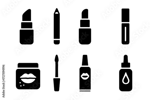 Lip Makeup Icon Set. Solid, filled icon set of lip makeup: lipstick, lip liner, lip balm, lip gloss, lip scrub, lip brush, lip plumper, lip tint. Solid, filled