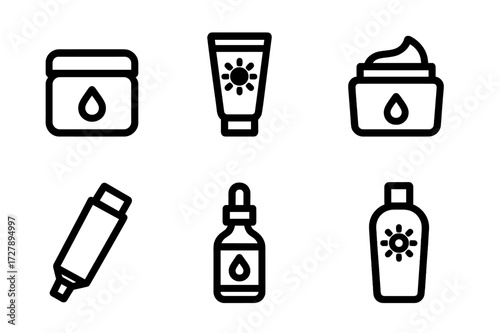 Windburn Skincare Icons. Solid, filled icon set of windburn skincare products: moisturizer, sunscreen, lip balm, face cream, ointment tube, facial mist,