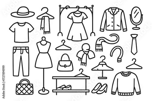 Fashion Boutique Doodle. Hand-drawn doodle illustration Boutique display hanger, dress, blouse, pants, jacket, shoes, handbag, hat, scarf, tie, mirror, shelf,