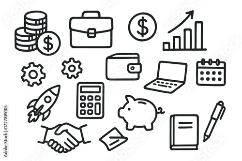 Financial Success Doodle Icons. Hand-drawn doodle illustration financial success coin stack, dollar sign, briefcase, bar chart, arrow, gears, calculator,