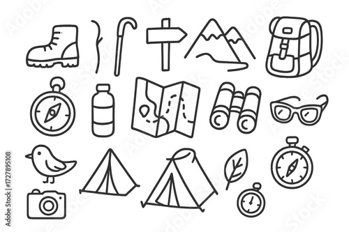 Hiking Adventure Icons. Hand-drawn doodle illustration hiking excursion boots, walking stick, trail sign, mountain, backpack, compass, water bottle, map,