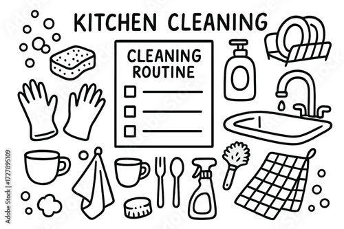 Kitchen Cleaning Doodles. Hand-drawn doodle illustration Kitchen cleaning routine [checklist, sponge, soap bottle, dish rack, sink, faucet, gloves, towel,