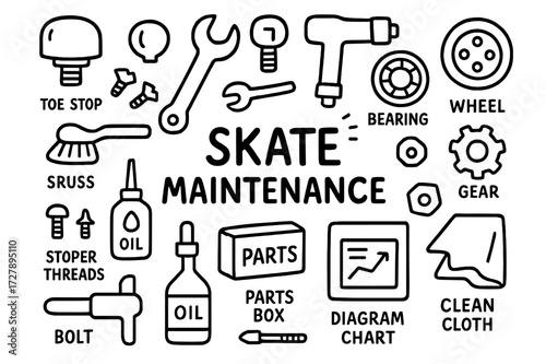 Skate Maintenance Tools. Hand-drawn doodle illustration Skate Maintenance toe stop, wrench, skate tool, bearing, wheel, axle nut, screws, stopper threads, gear