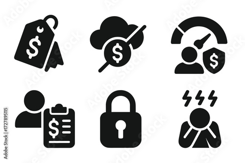 Late Payment Consequences Icons. Solid, filled icon set of late payment consequences: penalty charge, service suspension, credit score drop, debt collection,