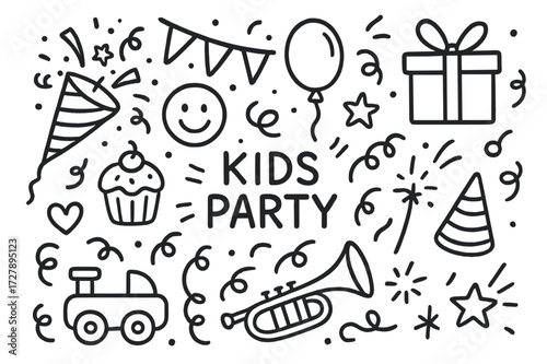Kids Party Doodles. Hand-drawn doodle illustration [kids party excitement] [party popper, cupcake, smiley face, balloon, gift box, hat, toy, streamer, star,