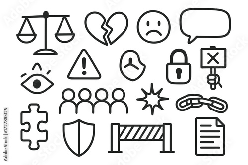 Inequality Symbols Doodle. Hand-drawn doodle illustration Inequality and discrimination scales, broken heart, sad face, speech bubble, lock, exclamation mark,