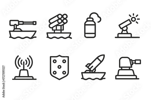 Boat Defense Icons. Outline icon set of boat weaponry and defense: mounted machine gun, rocket launcher, smoke grenade, flare launcher, radar jammer, armor
