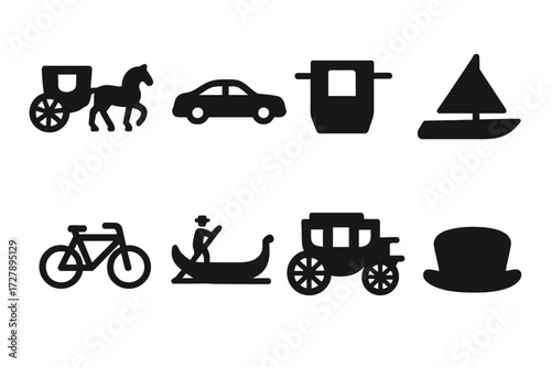 Aristocrat Transport Icons. Solid, filled icon set of aristocrat transport: horse carriage, luxury car, sedan chair, yacht, bicycle, gondola, stagecoach,
