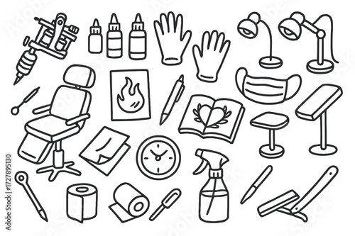 Tattoo Tools Doodle. Hand-drawn doodle illustration Tattoo artist tattoo machine, ink bottles, gloves, mask, chair, stencil paper, pen, sketchbook, armrest,