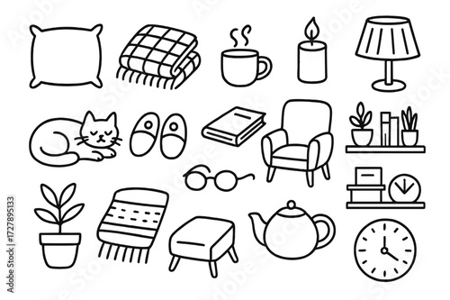 Cozy Hygge Doodle Icons. Hand-drawn doodle illustration Hygge cozy vibes pillow, blanket, rug, mug, tea pot, candle, lamp, cat, slippers, book, glasses, chair,