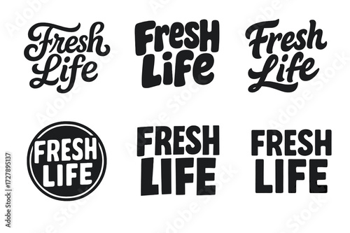 Fresh Life Designs. Fresh Life. Set lettering. harmonious lettering variations of the same emblematic concept (Whimsical curly type with flourishes, Funky