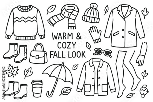Cozy Fall Fashion Icons. Hand-drawn doodle illustration [Warm and cozy fall look] [sweater, scarf, coat, boots, hat, gloves, cardigan, bag, umbrella, coffee