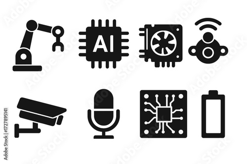 AI Hardware Icons. Solid, filled icon set of AI hardware: robot arm, CPU chip, GPU, sensor, camera, microphone, circuit board, battery. Solid, filled icons in