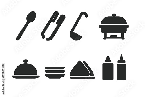Buffet Tools Icon Set. Solid, filled icon set of buffet serving tools: serving spoon, tongs, ladle, chafing dish, serving tray, plate stack, napkin holder,