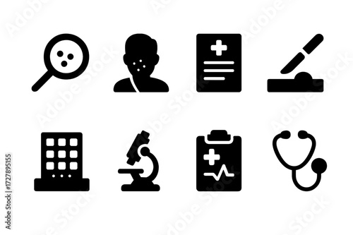 Rash Diagnosis Icon Set. Solid, filled icon set of rash diagnosis: magnifying glass, dermatologist, medical report, skin biopsy, patch test, microscope,