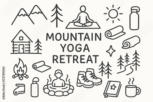 Mountain Yoga Retreat. Hand-drawn doodle illustration [Mountain yoga retreat] [mountain, pine tree, yoga mat, pose icon, cabin, sun, water bottle, rolled