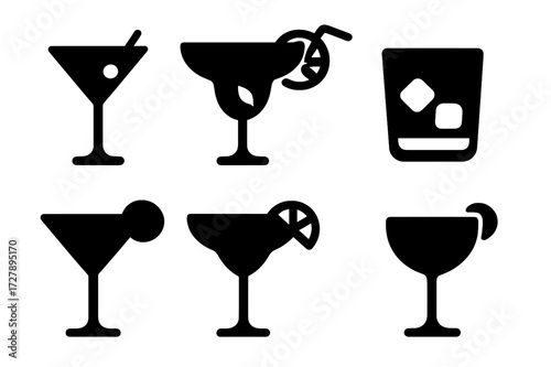 Classic Cocktail Icons. Solid, filled icon set of classic cocktails: martini, margarita, mojito, old fashioned, cosmopolitan, daiquiri, negroni, whiskey sour.