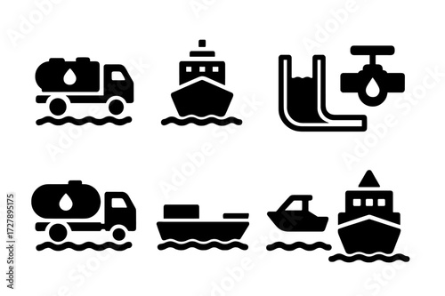 Water Transport Icons. Solid, filled icon set of water transportation: water tanker, ship, canal, pipeline, water truck, barge, watercraft, ferry. [Line icons