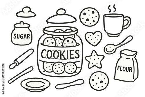 Cookie Jar Doodle. Hand-drawn doodle illustration Cookie jar [cookie jar, cookies inside, lid, round cookie, heart cookie, star cookie, chocolate chip cookie,