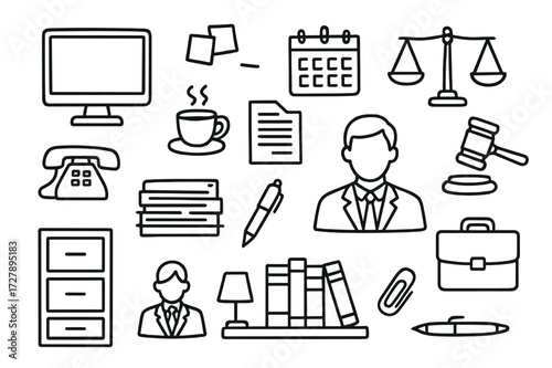 Law Office Essentials. Hand-drawn doodle illustration Law office preparation desk, computer, phone, coffee cup, document stack, file cabinet, calendar, sticky