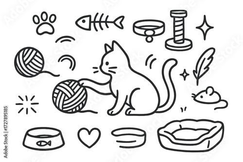 Cat Doodle Fun. Hand-drawn doodle illustration Cat Playing with a Ball [cat silhouette, yarn ball, paw print, fishbone, scratching post, collar, whiskers,