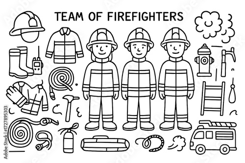 Firefighter Gear Icons. Team of firefighters. Hand-drawn doodle illustration team of firefighters helmets, boots, jackets, gloves, walkie-talkie, hose,