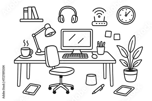 Home Office Essentials. Hand-drawn doodle illustration Home office workspace computer monitor, keyboard, mouse, chair, desk, lamp, coffee cup, sticky notes,