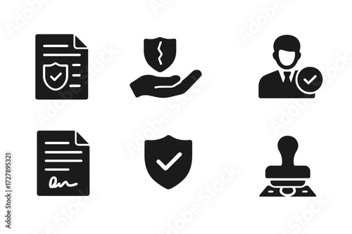Collapse Insurance Icons. Solid, filled icon set of collapse insurance: policy, claim, payout, agent, contract, shield, approval stamp, payment. [Solid, filled