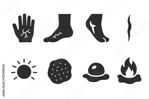 Cracked Skin Icons. Solid, filled icon set of cracked skin symptoms: dry hand, cracked heel, peeling skin, fissure, redness, rough patch, blister,